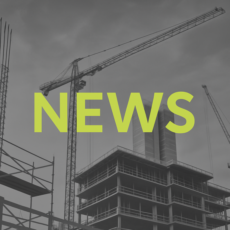 News in construction, Baustelle mit Kran und unfertigem Haus, im Bau befindlich