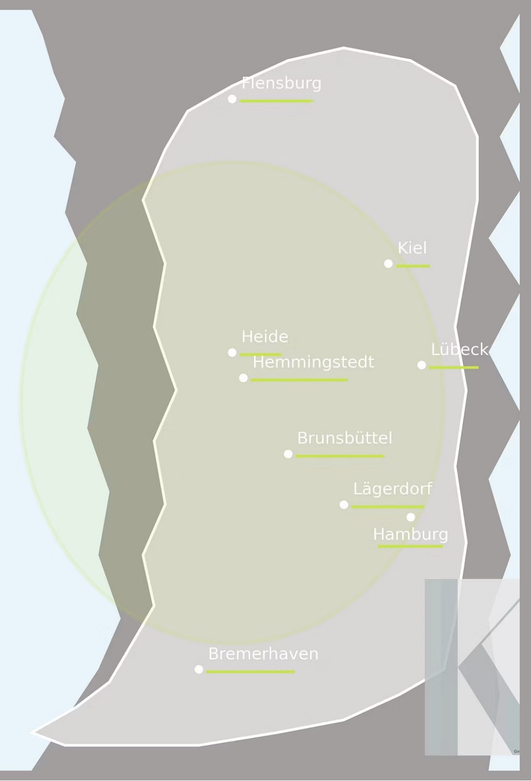 West coast map showing Heide, Kiel, Lübeck, Hamburg, Flensburg and regional locations